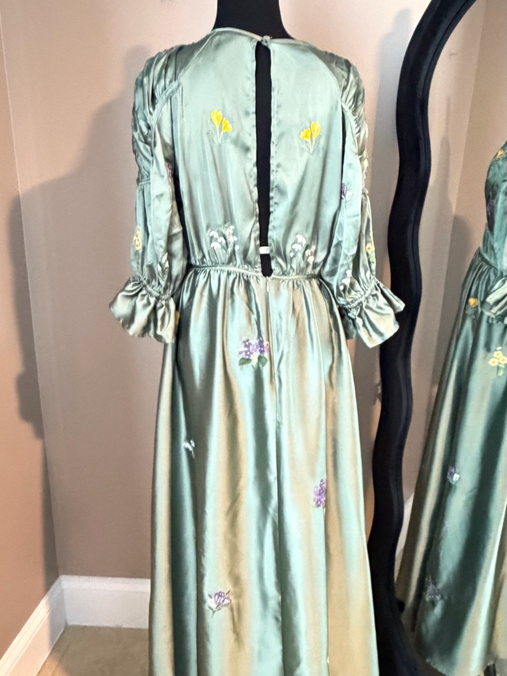 ASOS DESIGN Embroidered Bodice Satin Bias Maxi Dress - Olive / Sage Green US 8 - Picture 7 of 12